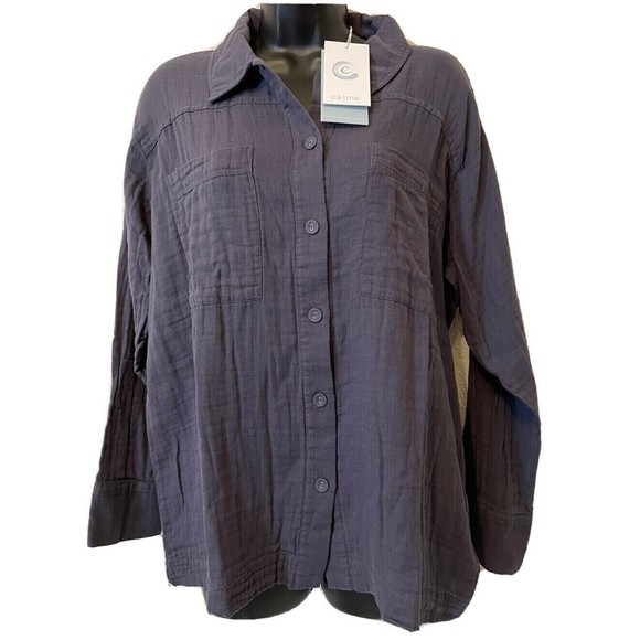 Calme Johnny Was Women Blue Gray Button Double Pocket Shacket Size Small $148 - Picture 2 of 3